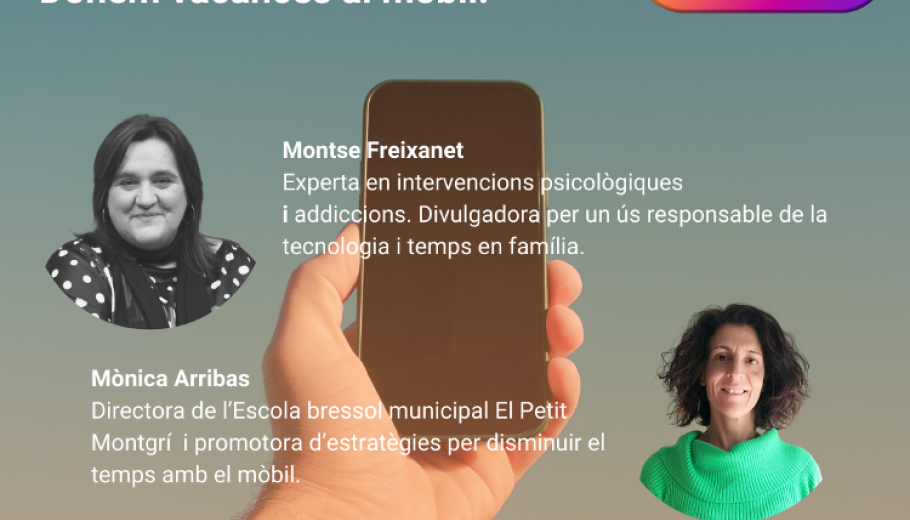 cartell xerrada donem vacances al mòbil. imatge de les dues persones que fan la xerrada.