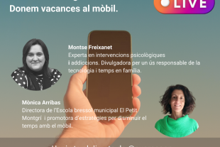 cartell xerrada donem vacances al mòbil. imatge de les dues persones que fan la xerrada.