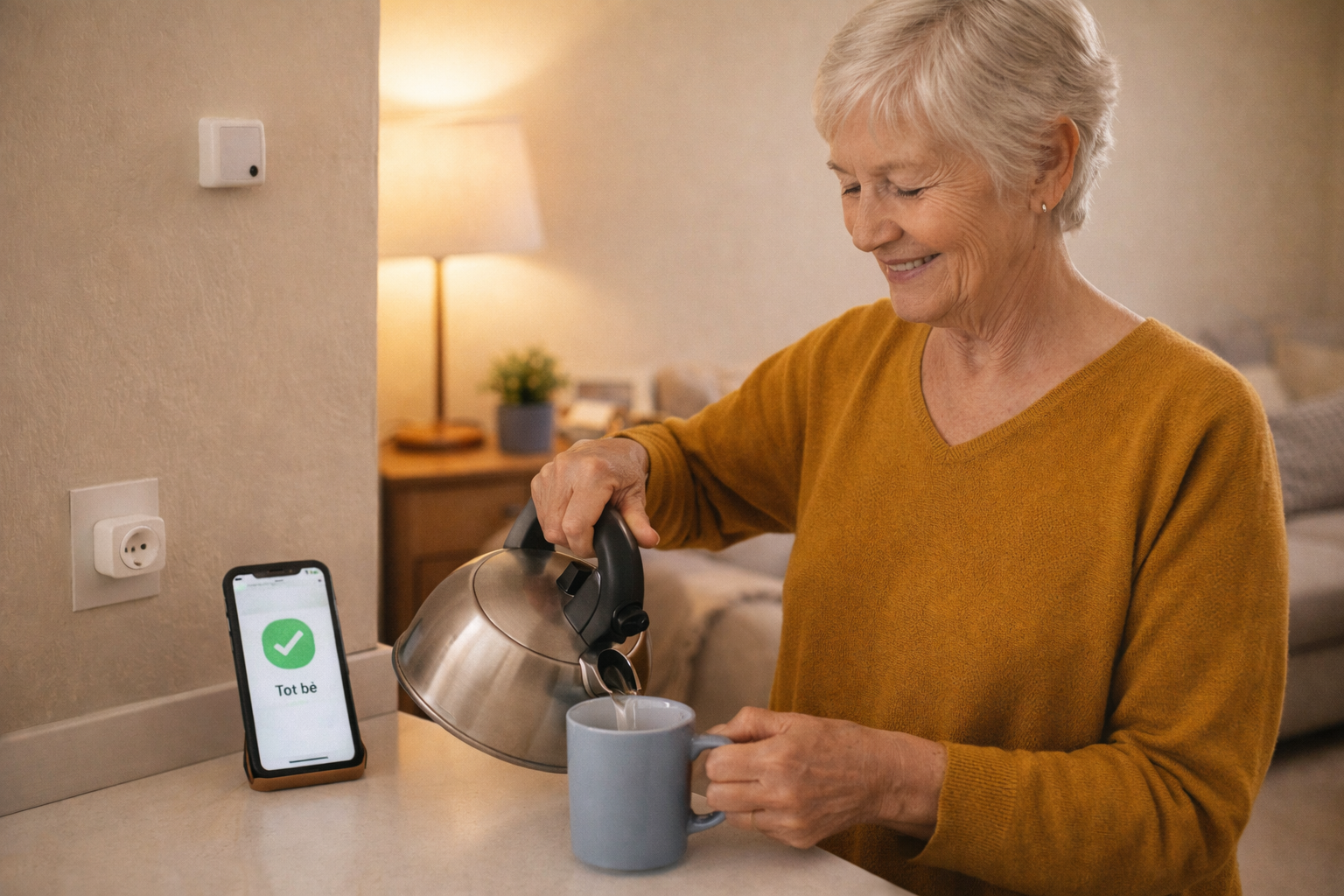 senyora gran fent una infusió amb un mòbil