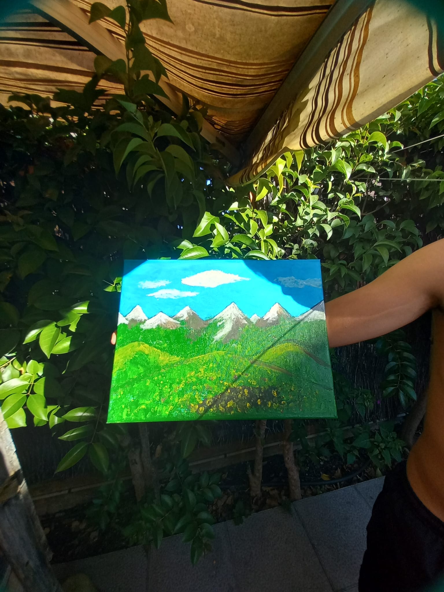 jove sostenint una pintura de la muntanya
