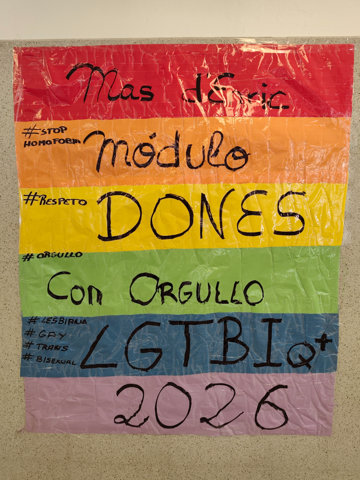 mural que s'ha penjat al mòdul de Dones de Mas Enric amb el text: "Mas d'Enic, Modul de Dones amb Orgull 2026"