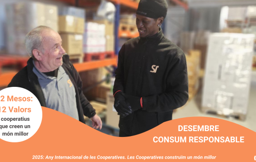 Imatge de la campanya dels valors cooperatius, que aquest desembre és el consum responsable, on es veu dues persones treballadores de Suara Inserció en un magatzem