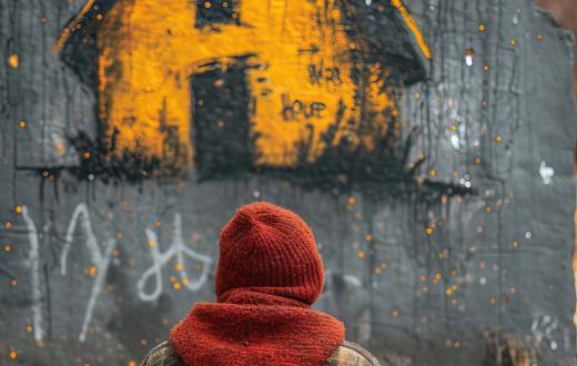 Una persona en situació de sensellarisme mira el grafitti d'una casa