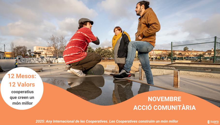 Imatge de la campanya del valor cooperatiu de novembre enfocat en l'acció comunitària on es veuen educadors de carrer amb un jove