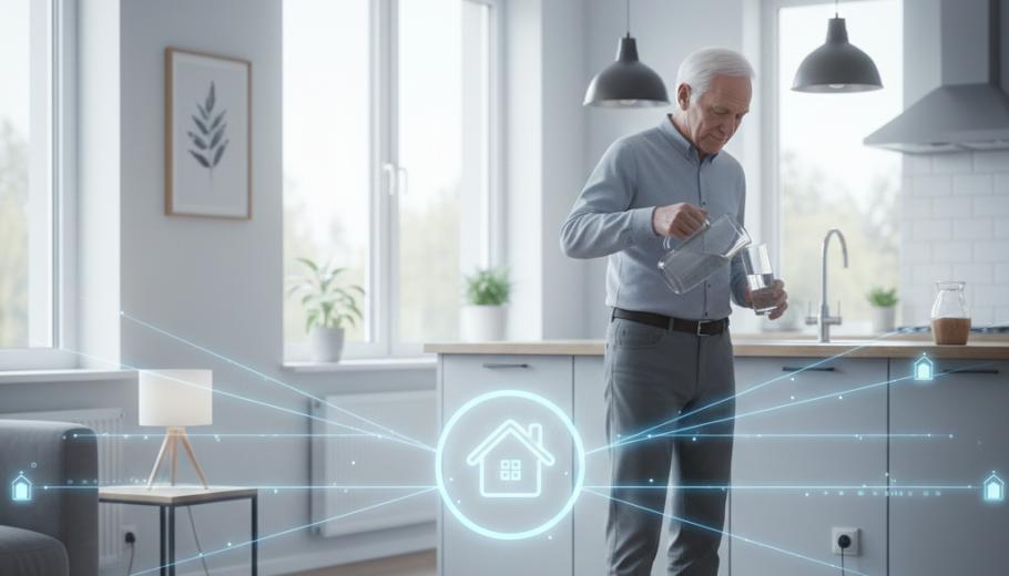 Senyor gran en una cuina amb sensors