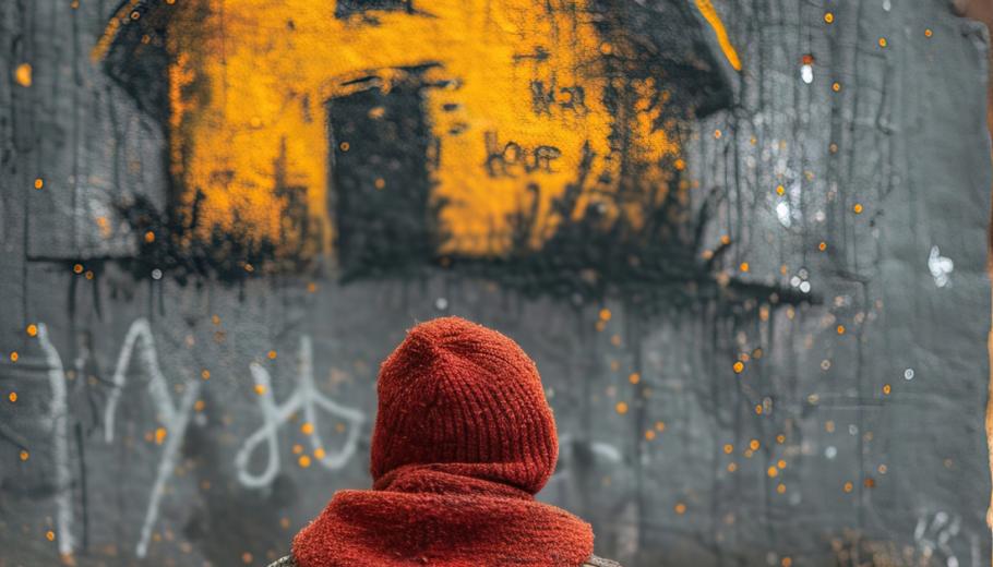 Una persona en situació de sensellarisme mira el grafitti d'una casa
