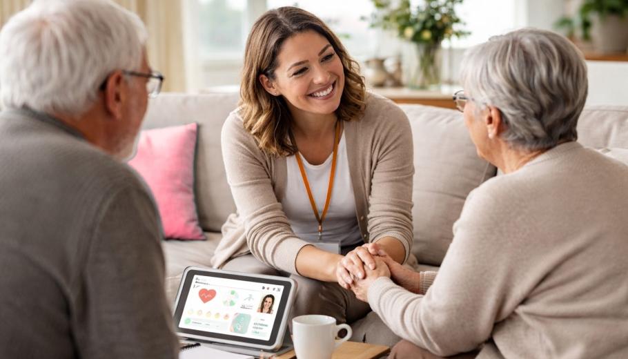 A professional supporting an elderly couple