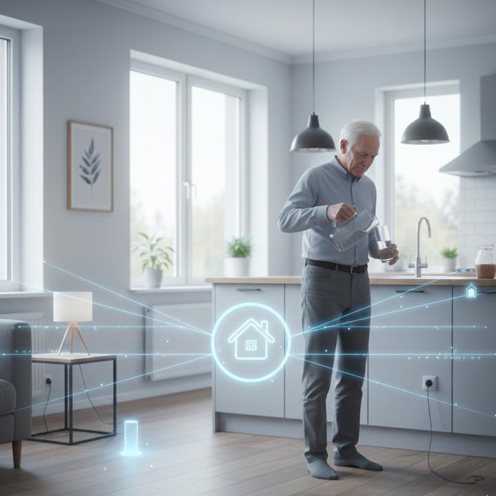 Señor mayor en una cocina con sensores