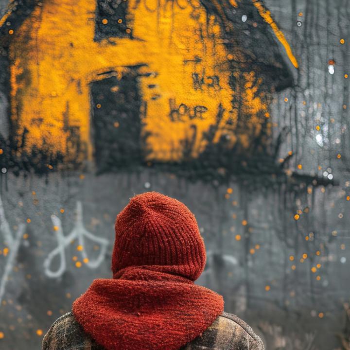 Una persona en situació de sensellarisme mira el grafitti d'una casa