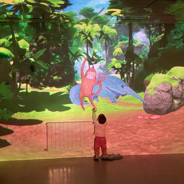 Niño en una sala immersiva interactuando