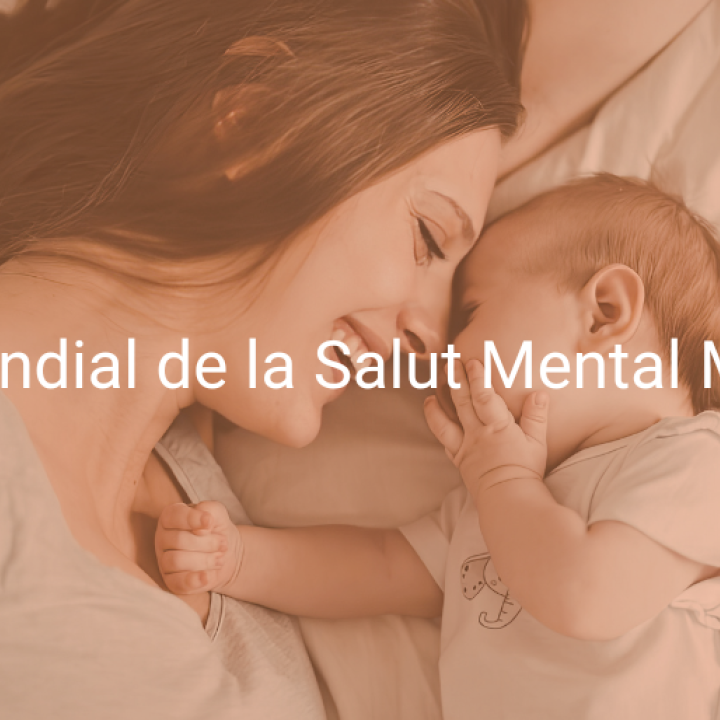 Una mare i el seu nadó estirats al llit i a sobre el text 6 de maig Dia Mundial de la Salut Mental Materna