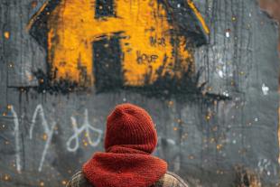 Una persona en situació de sensellarisme mira el grafitti d'una casa
